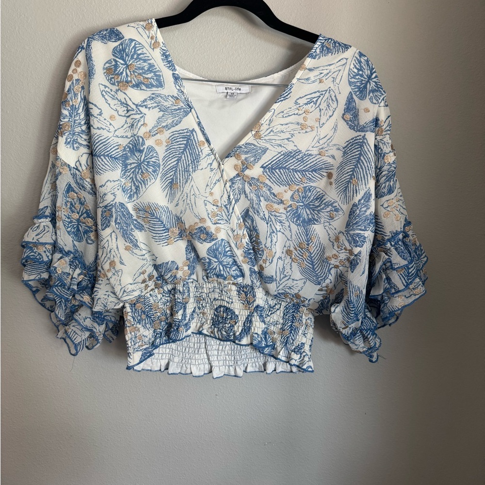 Elegant Blue and White Floral Blouse